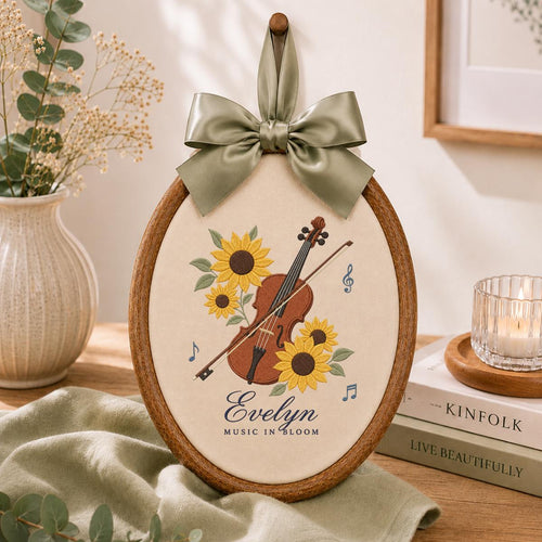 Personalized Sunflower Violinist Oval Hoop Decor, Custom Embroidered Evelyn Music in Bloom Sign, Musician Gift for Her Wall Art