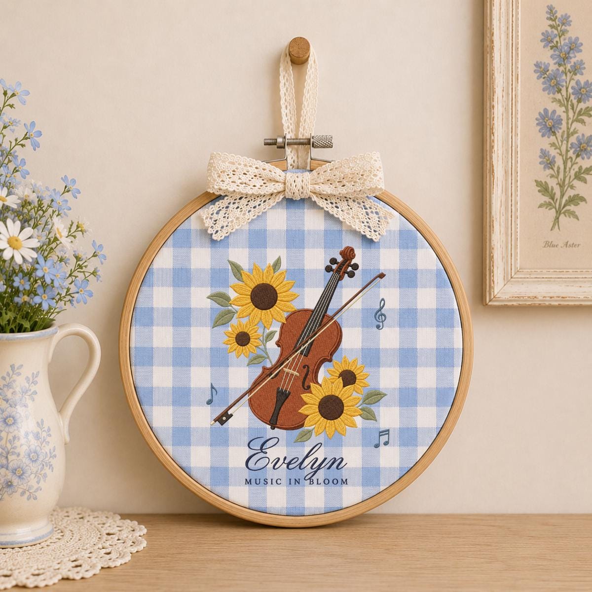 Personalized Sunflower Violinist Oval Hoop Decor, Custom Embroidered Evelyn Music in Bloom Sign, Musician Gift for Her Wall Art