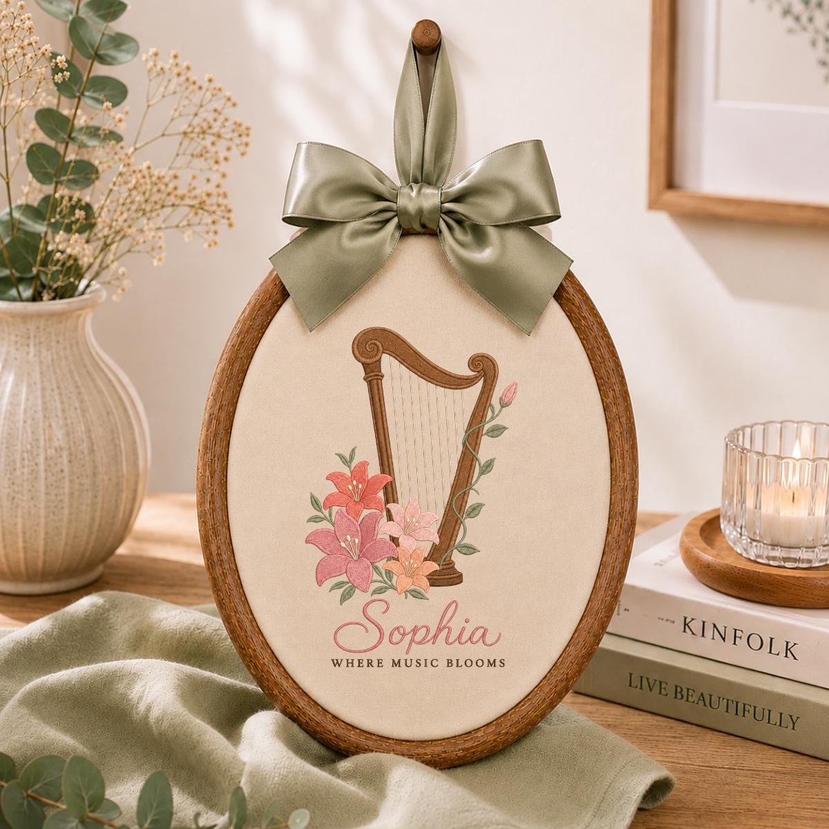 Custom Name Harp Embroidered Oval Hoop Decor, Lily Flower Where Music Blooms Wall Hanging Sign, Harpist Gift Music Lover Decor