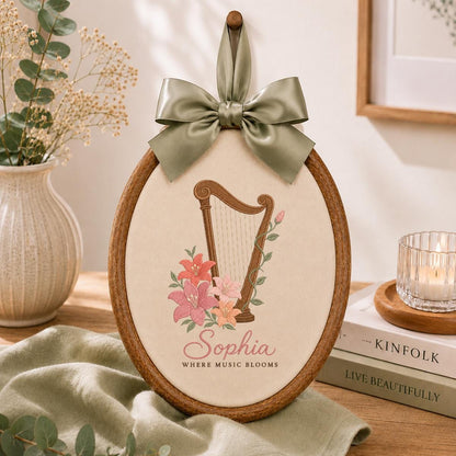 Custom Name Harp Embroidered Oval Hoop Decor, Lily Flower Where Music Blooms Wall Hanging Sign, Harpist Gift Music Lover Decor