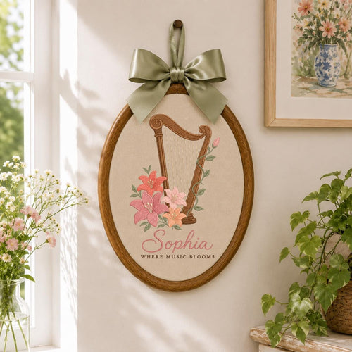 Custom Name Harp Embroidered Oval Hoop Decor, Lily Flower Where Music Blooms Wall Hanging Sign, Harpist Gift Music Lover Decor