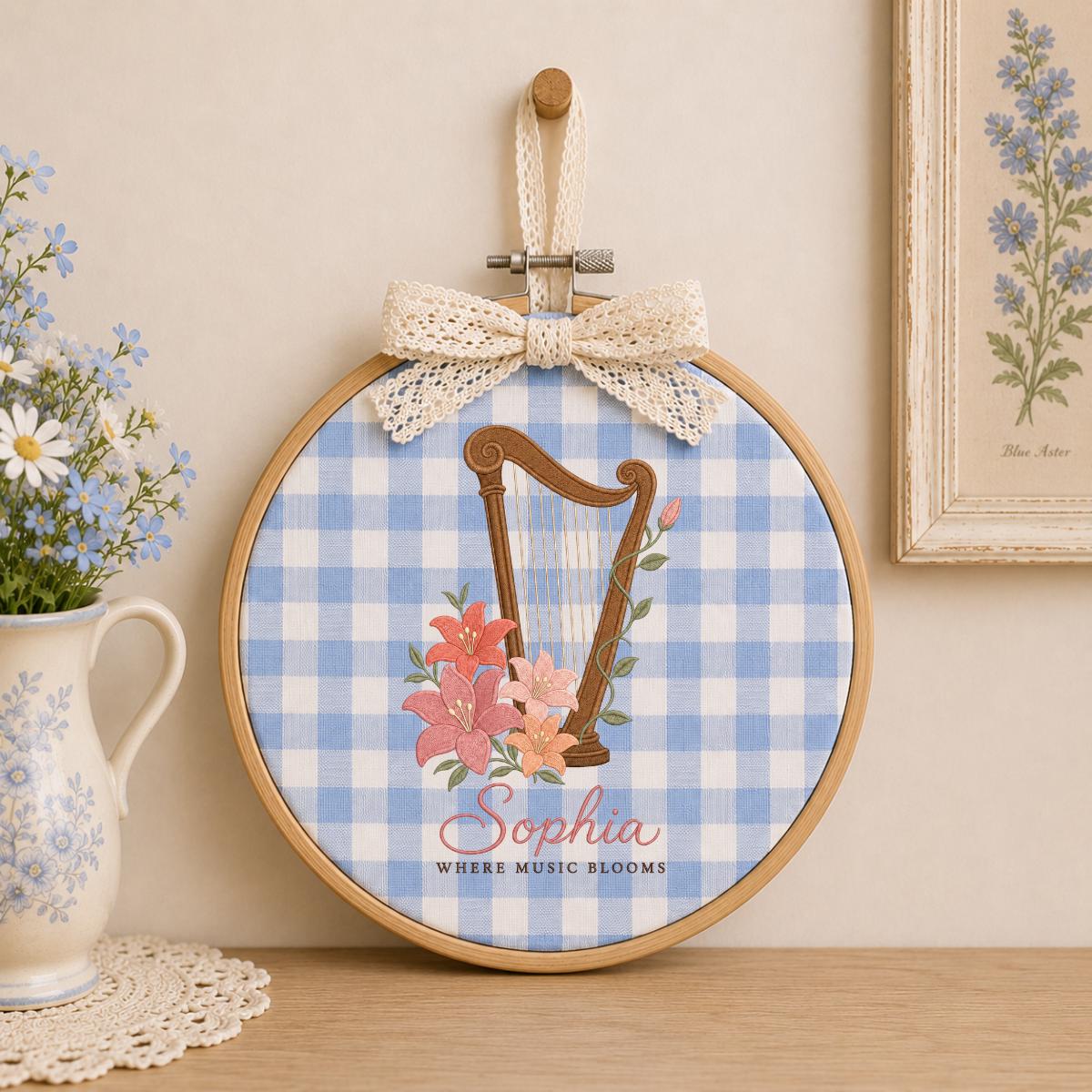 Custom Name Harp Embroidered Oval Hoop Decor, Lily Flower Where Music Blooms Wall Hanging Sign, Harpist Gift Music Lover Decor