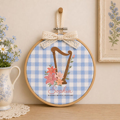 Custom Name Harp Embroidered Oval Hoop Decor, Lily Flower Where Music Blooms Wall Hanging Sign, Harpist Gift Music Lover Decor