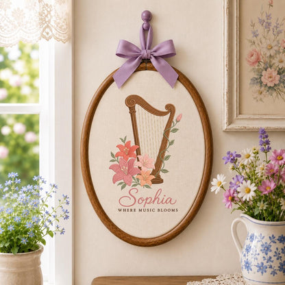 Custom Name Harp Embroidered Oval Hoop Decor, Lily Flower Where Music Blooms Wall Hanging Sign, Harpist Gift Music Lover Decor