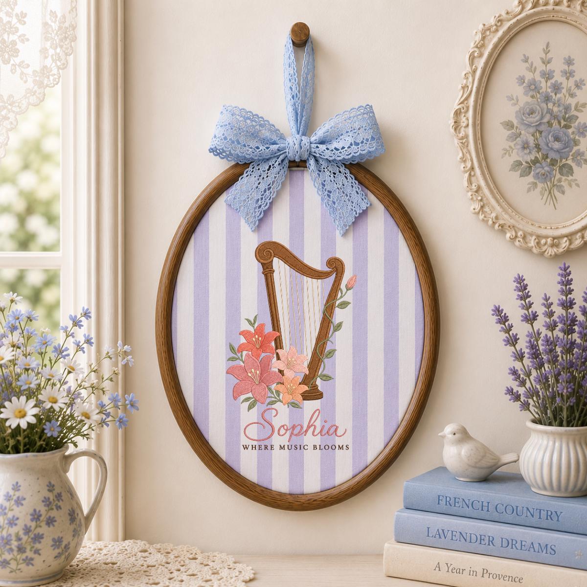 Custom Name Harp Embroidered Oval Hoop Decor, Lily Flower Where Music Blooms Wall Hanging Sign, Harpist Gift Music Lover Decor