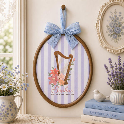 Custom Name Harp Embroidered Oval Hoop Decor, Lily Flower Where Music Blooms Wall Hanging Sign, Harpist Gift Music Lover Decor