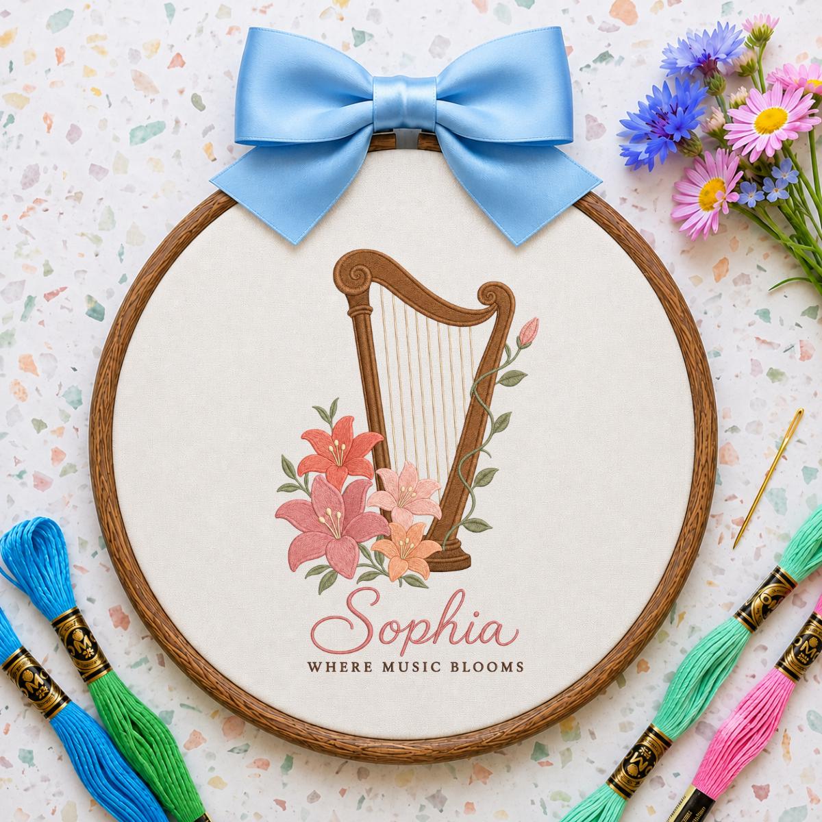 Custom Name Harp Embroidered Oval Hoop Decor, Lily Flower Where Music Blooms Wall Hanging Sign, Harpist Gift Music Lover Decor