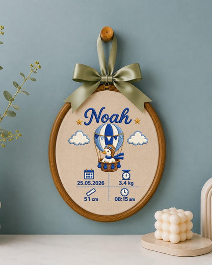 Personalized Baby Birth Stats Embroidered Ornament, Custom Baby Name Keepsake, Hot Air Balloon Nursery Decor, Newborn Baby Gift