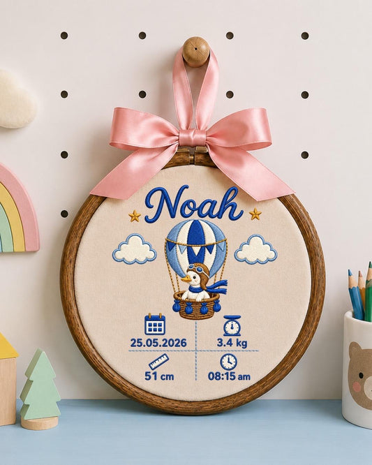 Personalized Baby Birth Stats Embroidered Ornament, Custom Baby Name Keepsake, Hot Air Balloon Nursery Decor, Newborn Baby Gift