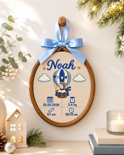 Personalized Baby Birth Stats Embroidered Ornament, Custom Baby Name Keepsake, Hot Air Balloon Nursery Decor, Newborn Baby Gift