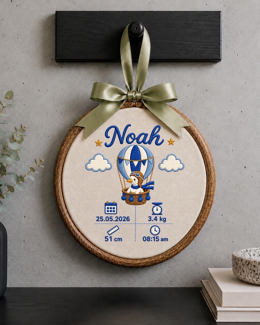 Personalized Baby Birth Stats Embroidered Ornament, Custom Baby Name Keepsake, Hot Air Balloon Nursery Decor, Newborn Baby Gift