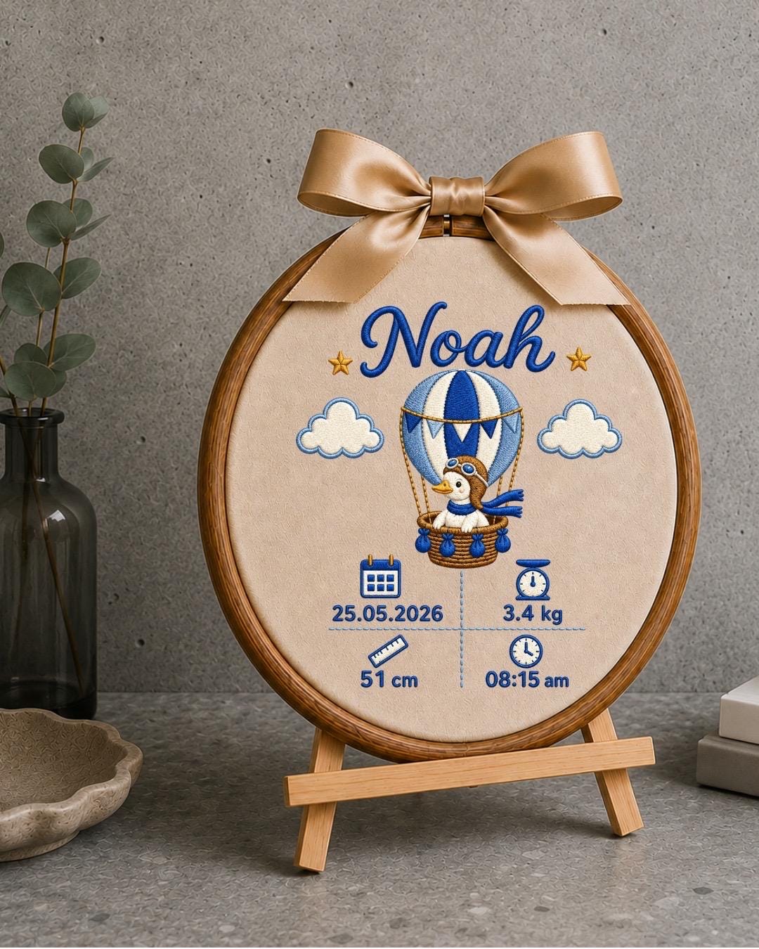 Personalized Baby Birth Stats Embroidered Ornament, Custom Baby Name Keepsake, Hot Air Balloon Nursery Decor, Newborn Baby Gift