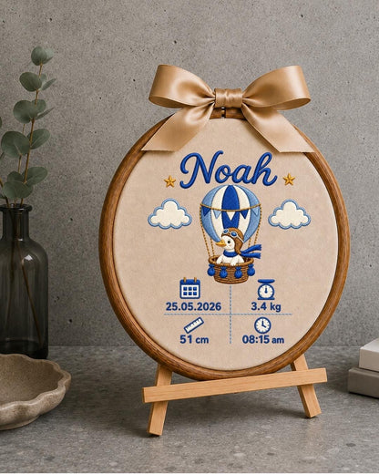Personalized Baby Birth Stats Embroidered Ornament, Custom Baby Name Keepsake, Hot Air Balloon Nursery Decor, Newborn Baby Gift
