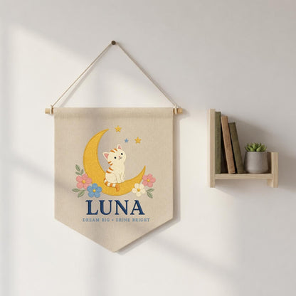 Personalized Cat Moon Canvas Pennant Banner, Custom Name Luna Dream Big Shine Bright Embroidered Nursery Playroom Wall Hanging Decor