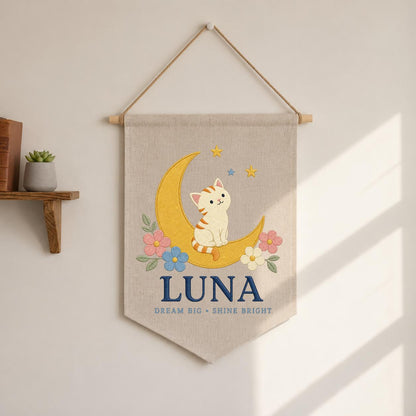 Personalized Cat Moon Canvas Pennant Banner, Custom Name Luna Dream Big Shine Bright Embroidered Nursery Playroom Wall Hanging Decor