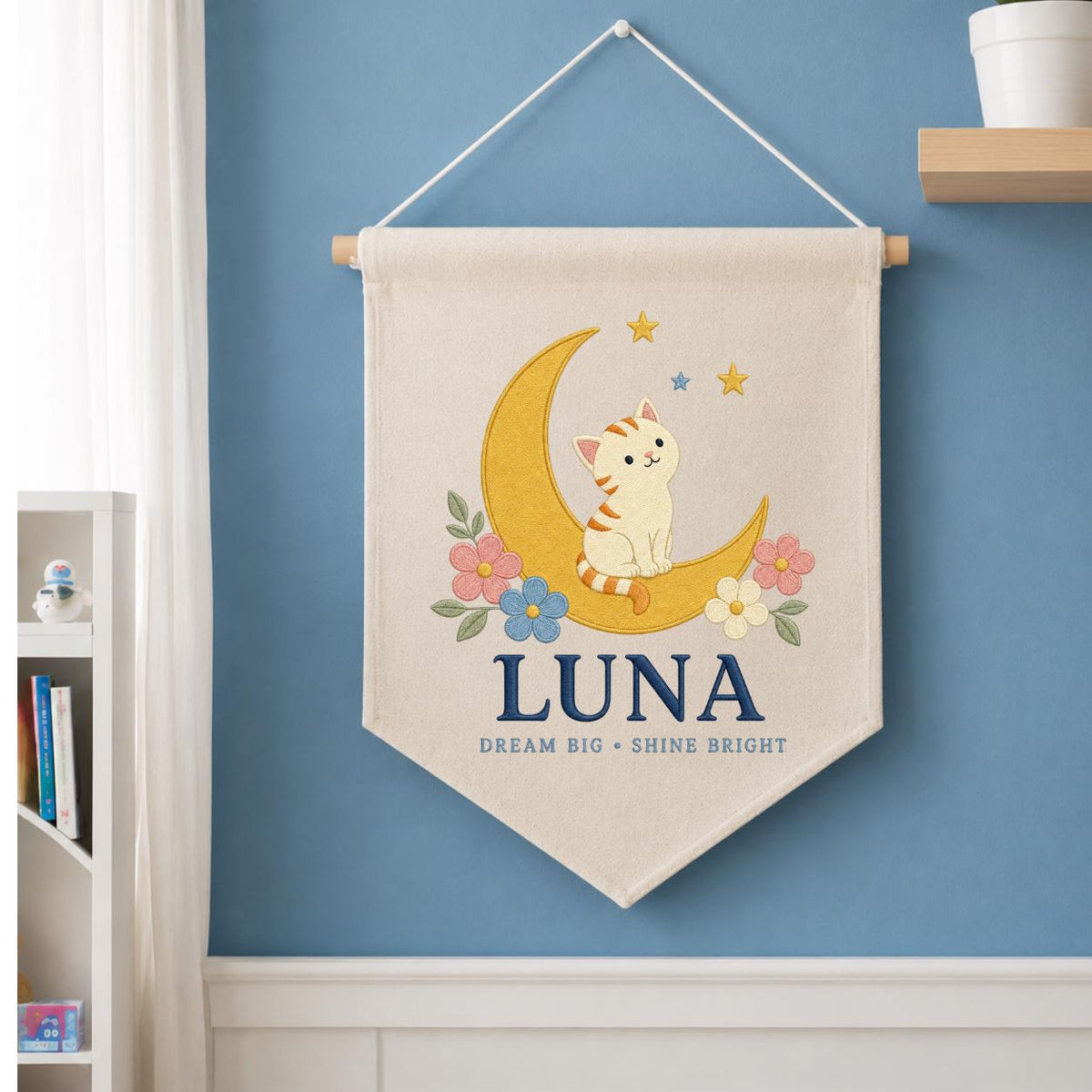 Personalized Cat Moon Canvas Pennant Banner, Custom Name Luna Dream Big Shine Bright Embroidered Nursery Playroom Wall Hanging Decor