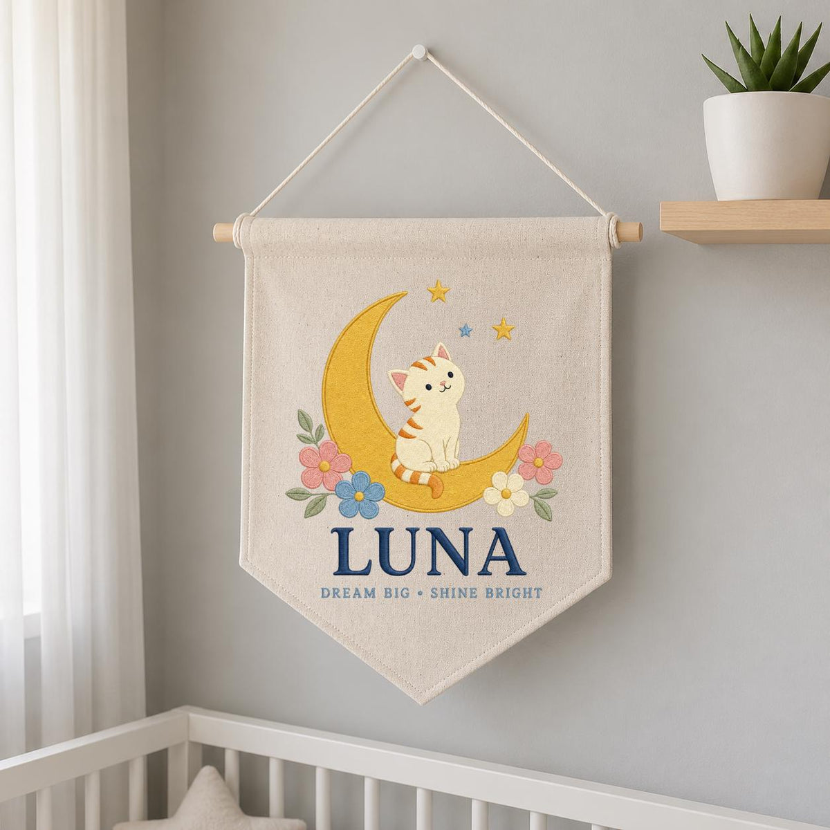 Personalized Cat Moon Canvas Pennant Banner, Custom Name Luna Dream Big Shine Bright Embroidered Nursery Playroom Wall Hanging Decor