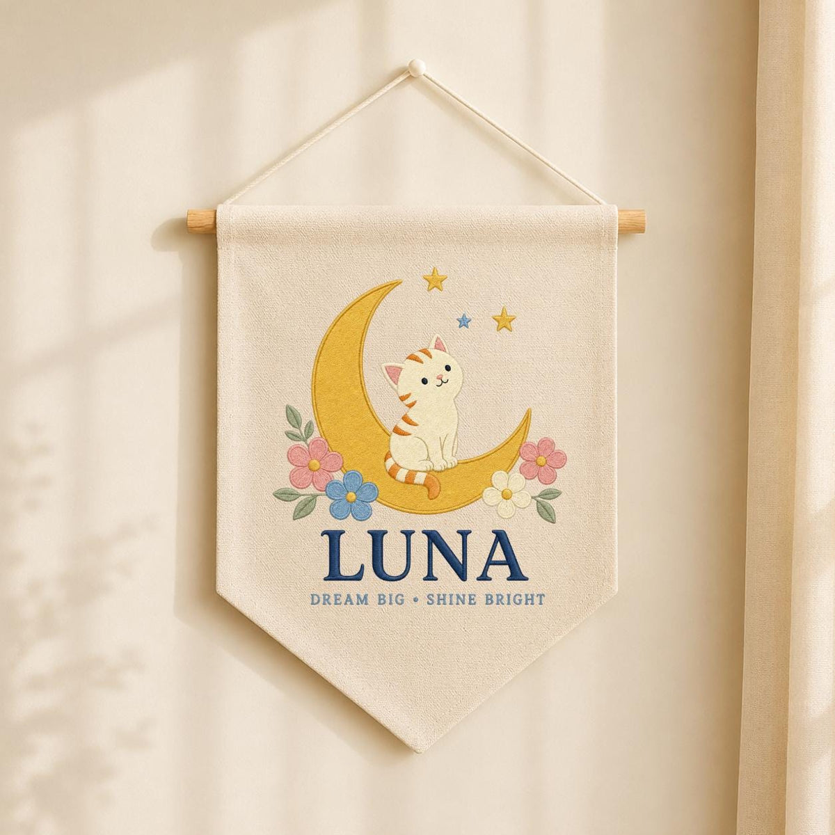 Personalized Cat Moon Canvas Pennant Banner, Custom Name Luna Dream Big Shine Bright Embroidered Nursery Playroom Wall Hanging Decor