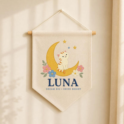 Personalized Cat Moon Canvas Pennant Banner, Custom Name Luna Dream Big Shine Bright Embroidered Nursery Playroom Wall Hanging Decor