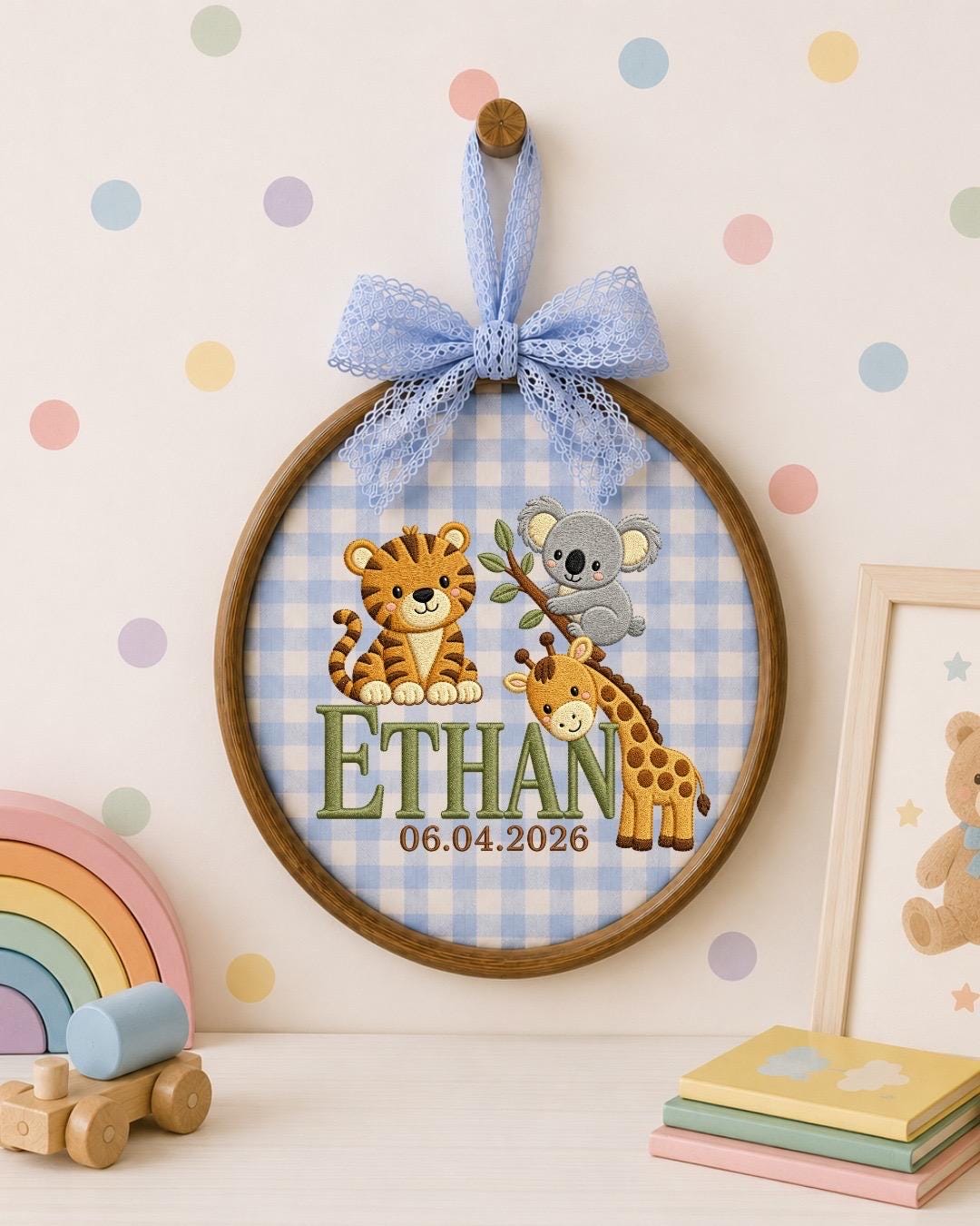 Personalized Safari Baby Name Embroidered Ornament, Custom Jungle Animal Nursery Decor, Tiger Koala Giraffe Name Sign, Newborn Baby Gift