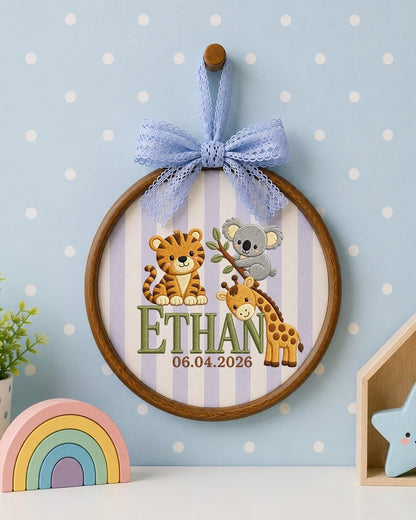 Personalized Safari Baby Name Embroidered Ornament, Custom Jungle Animal Nursery Decor, Tiger Koala Giraffe Name Sign, Newborn Baby Gift