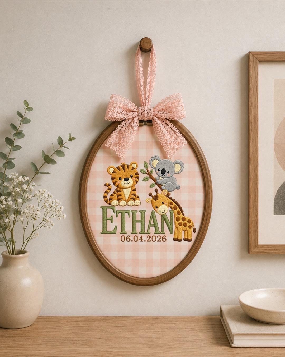 Personalized Safari Baby Name Embroidered Ornament, Custom Jungle Animal Nursery Decor, Tiger Koala Giraffe Name Sign, Newborn Baby Gift