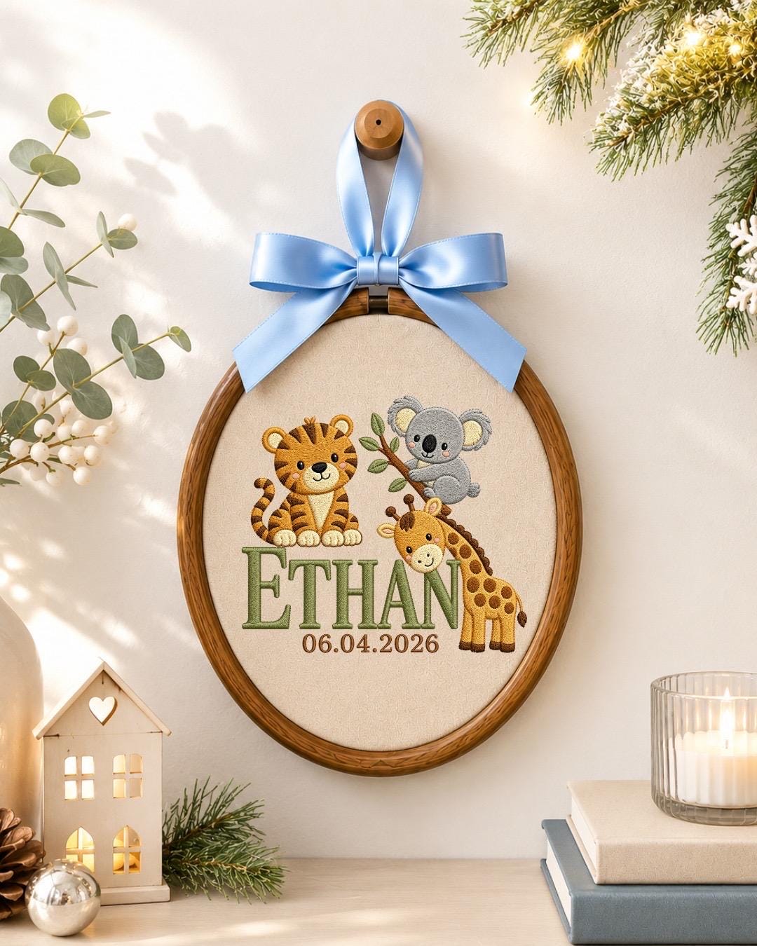 Personalized Safari Baby Name Embroidered Ornament, Custom Jungle Animal Nursery Decor, Tiger Koala Giraffe Name Sign, Newborn Baby Gift