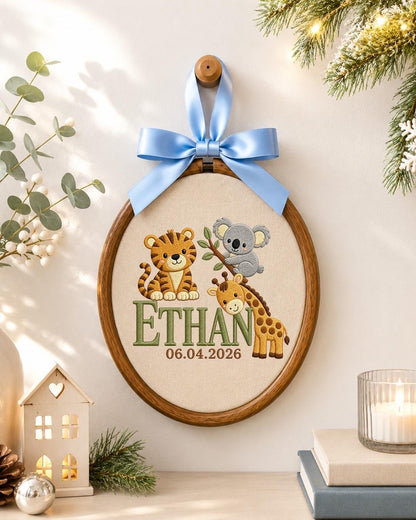 Personalized Safari Baby Name Embroidered Ornament, Custom Jungle Animal Nursery Decor, Tiger Koala Giraffe Name Sign, Newborn Baby Gift