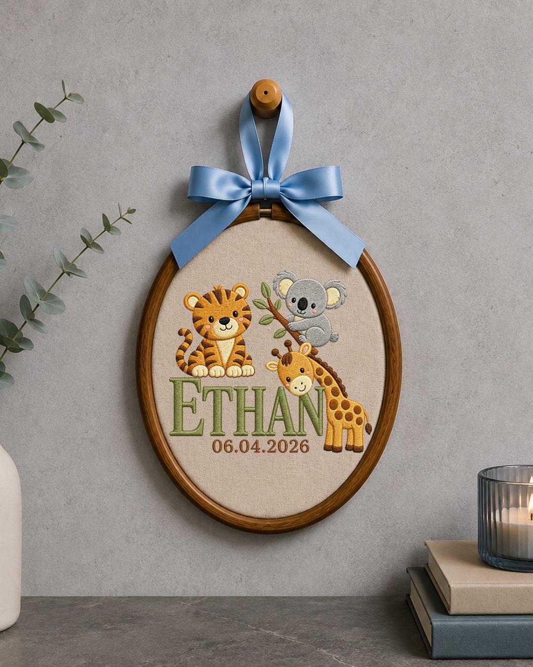Personalized Safari Baby Name Embroidered Ornament, Custom Jungle Animal Nursery Decor, Tiger Koala Giraffe Name Sign, Newborn Baby Gift