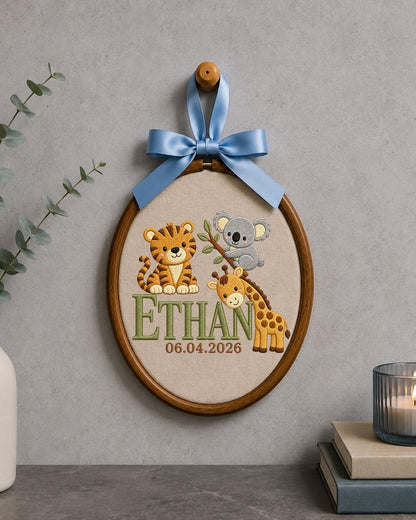 Personalized Safari Baby Name Embroidered Ornament, Custom Jungle Animal Nursery Decor, Tiger Koala Giraffe Name Sign, Newborn Baby Gift