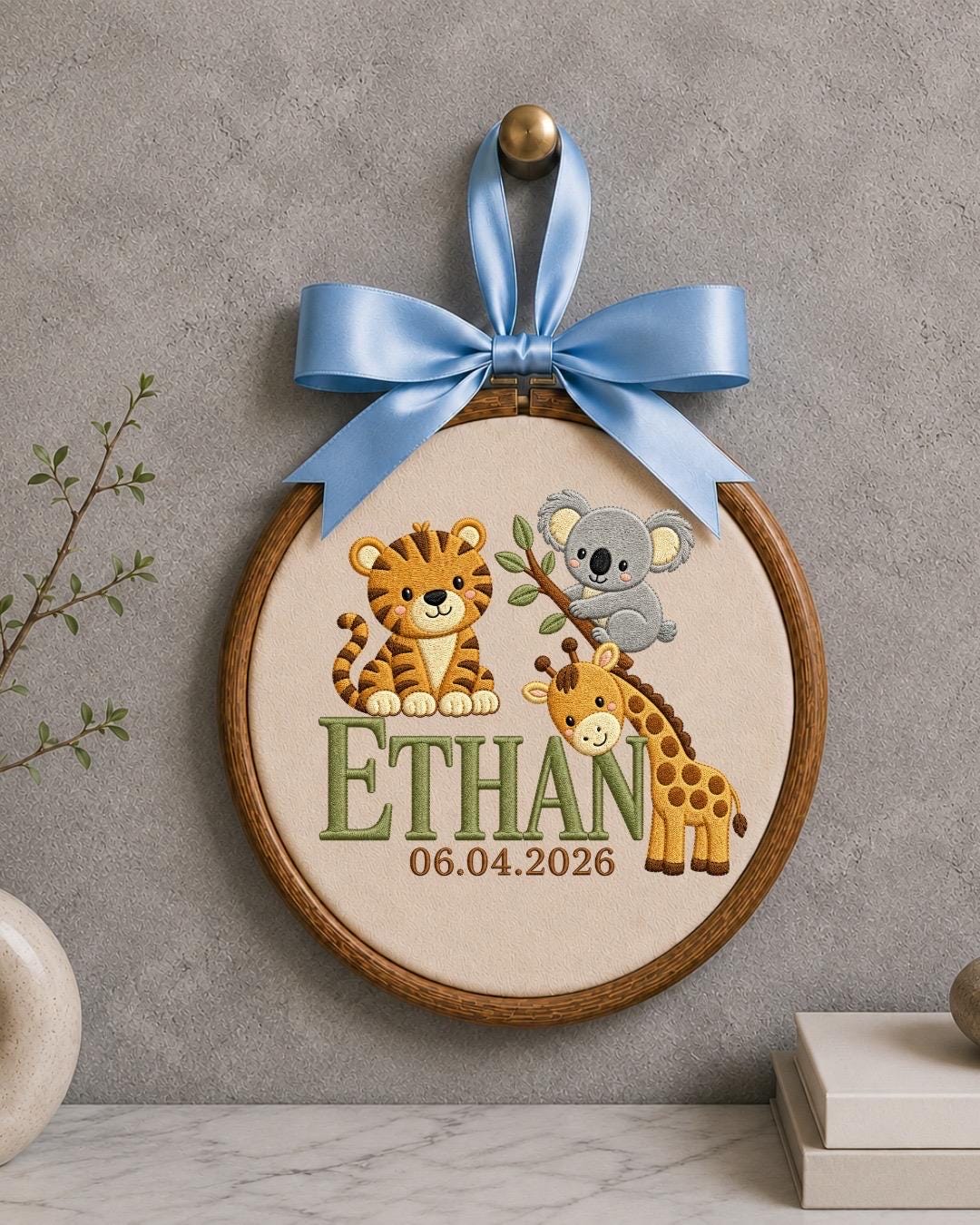 Personalized Safari Baby Name Embroidered Ornament, Custom Jungle Animal Nursery Decor, Tiger Koala Giraffe Name Sign, Newborn Baby Gift