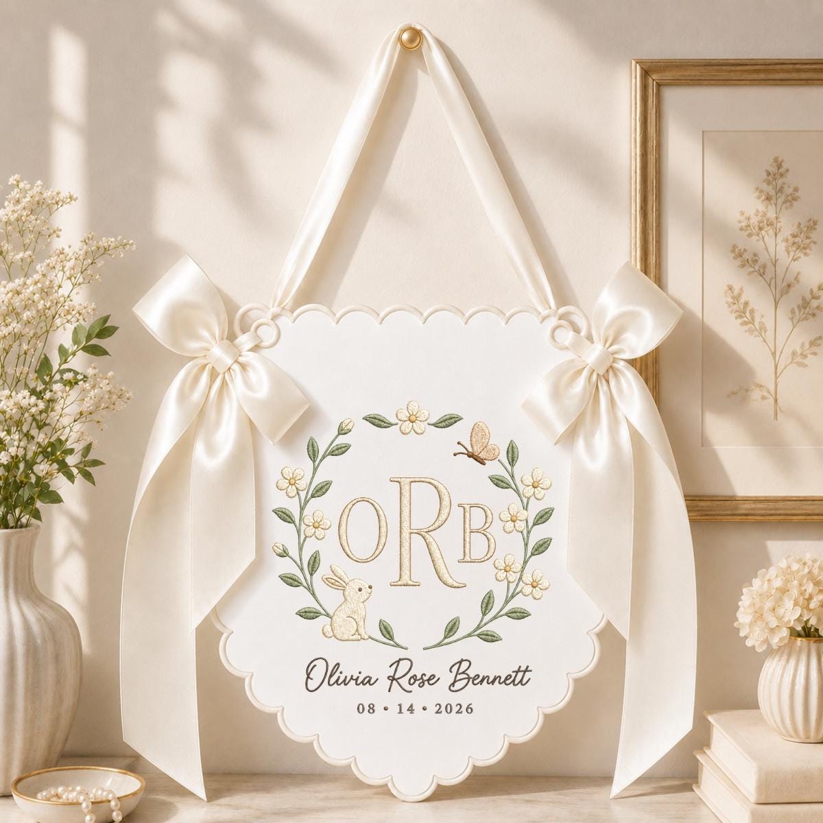 Personalized Baby Monogram Scalloped Banner Decor, Custom Embroidered Name Date Initial Bunny Wall Hanging Sign, Hospital Door Hanger