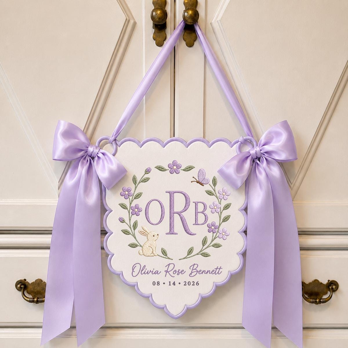 Personalized Baby Monogram Scalloped Banner Decor, Custom Embroidered Name Date Initial Bunny Wall Hanging Sign, Hospital Door Hanger