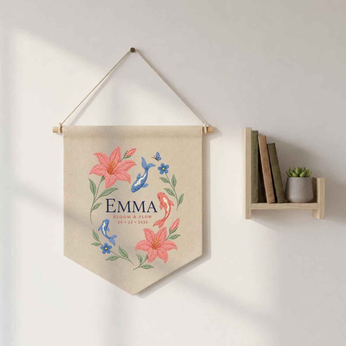 Personalized Floral Koi Fish Canvas Pennant Decor, Custom Embroidered Lily Flower Bloom and Flow Name Sign, Baby Shower Keepsake Gift