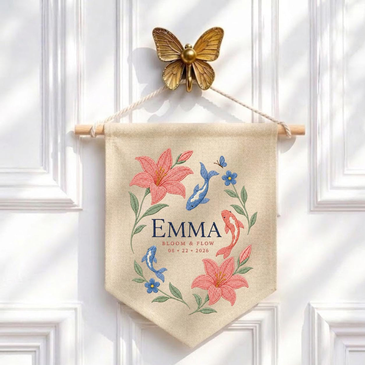 Personalized Floral Koi Fish Canvas Pennant Decor, Custom Embroidered Lily Flower Bloom and Flow Name Sign, Baby Shower Keepsake Gift