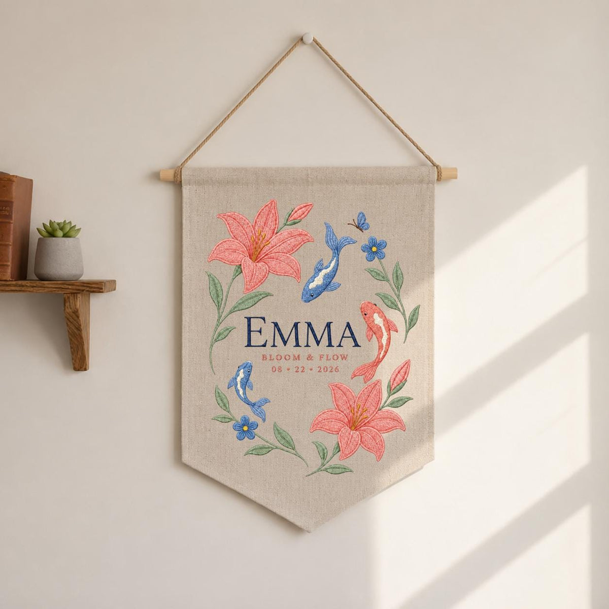 Personalized Floral Koi Fish Canvas Pennant Decor, Custom Embroidered Lily Flower Bloom and Flow Name Sign, Baby Shower Keepsake Gift