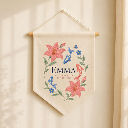 Personalized Floral Koi Fish Canvas Pennant Decor, Custom Embroidered Lily Flower Bloom and Flow Name Sign, Baby Shower Keepsake Gift