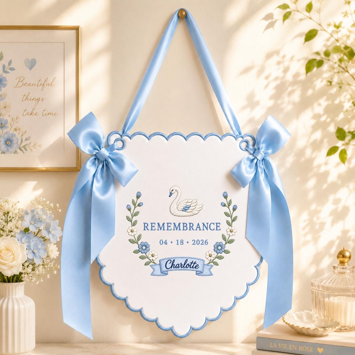Personalized Swan Scalloped Banner, Custom Name Charlotte Remembrance Date Embroidered Lavender Bows Nursery Keepsake Wall Sign