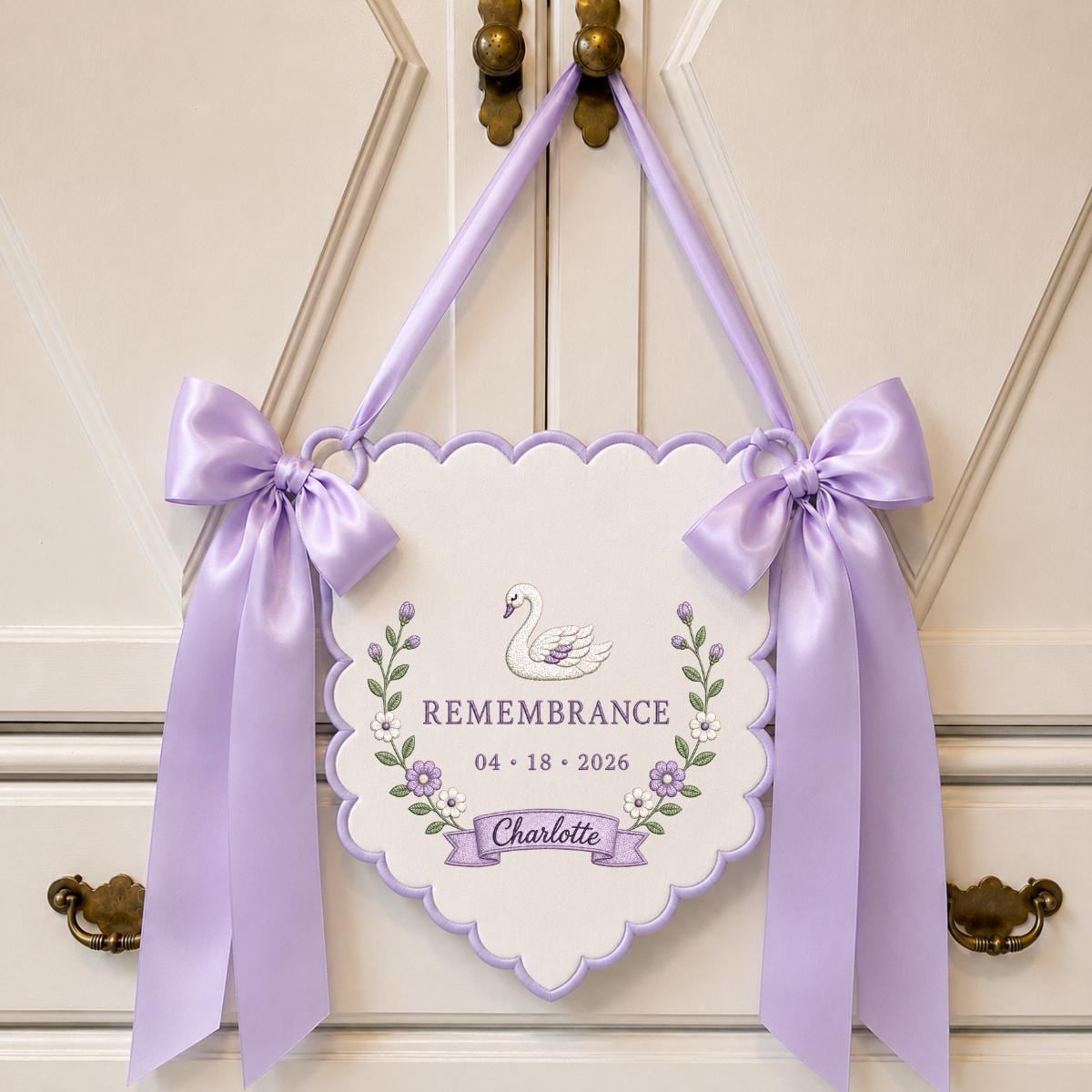 Personalized Swan Scalloped Banner, Custom Name Charlotte Remembrance Date Embroidered Lavender Bows Nursery Keepsake Wall Sign