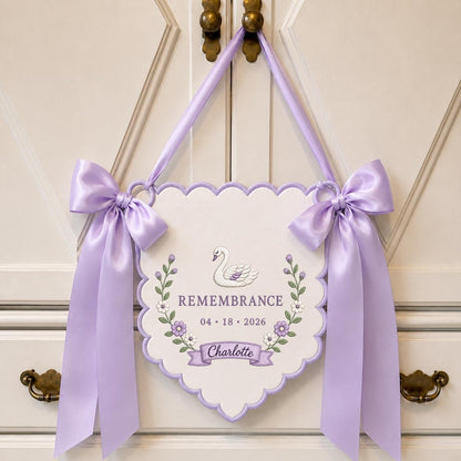 Personalized Swan Scalloped Banner, Custom Name Charlotte Remembrance Date Embroidered Lavender Bows Nursery Keepsake Wall Sign