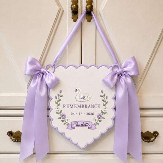 Personalized Swan Scalloped Banner, Custom Name Charlotte Remembrance Date Embroidered Lavender Bows Nursery Keepsake Wall Sign