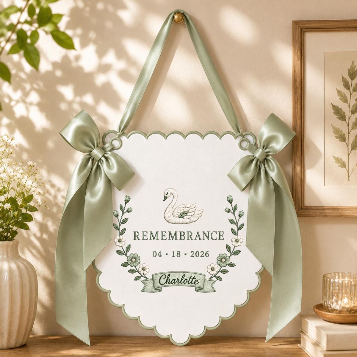 Personalized Swan Scalloped Banner, Custom Name Charlotte Remembrance Date Embroidered Lavender Bows Nursery Keepsake Wall Sign