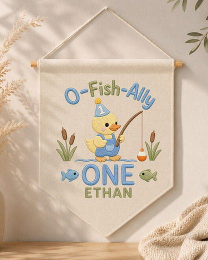 Personalized First Birthday Fishing Wall Hanging, Custom Name Embroidered Banner, O-Fish-Ally One Duck Birthday Decor, Baby Boy Birthday