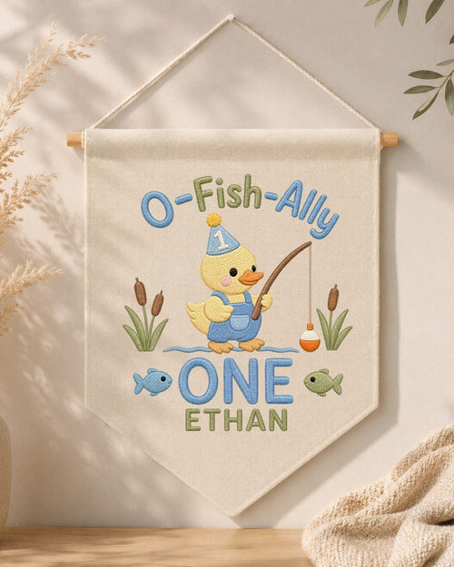Personalized First Birthday Fishing Wall Hanging, Custom Name Embroidered Banner, O-Fish-Ally One Duck Birthday Decor, Baby Boy Birthday