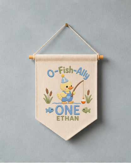 Personalized First Birthday Fishing Wall Hanging, Custom Name Embroidered Banner, O-Fish-Ally One Duck Birthday Decor, Baby Boy Birthday