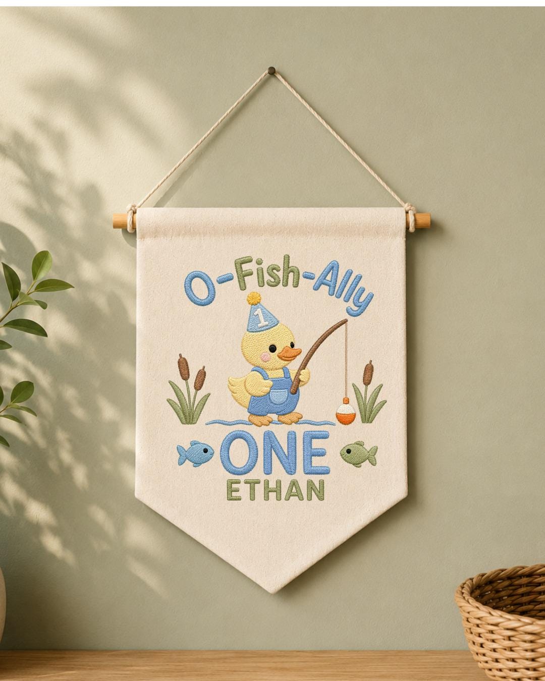 Personalized First Birthday Fishing Wall Hanging, Custom Name Embroidered Banner, O-Fish-Ally One Duck Birthday Decor, Baby Boy Birthday