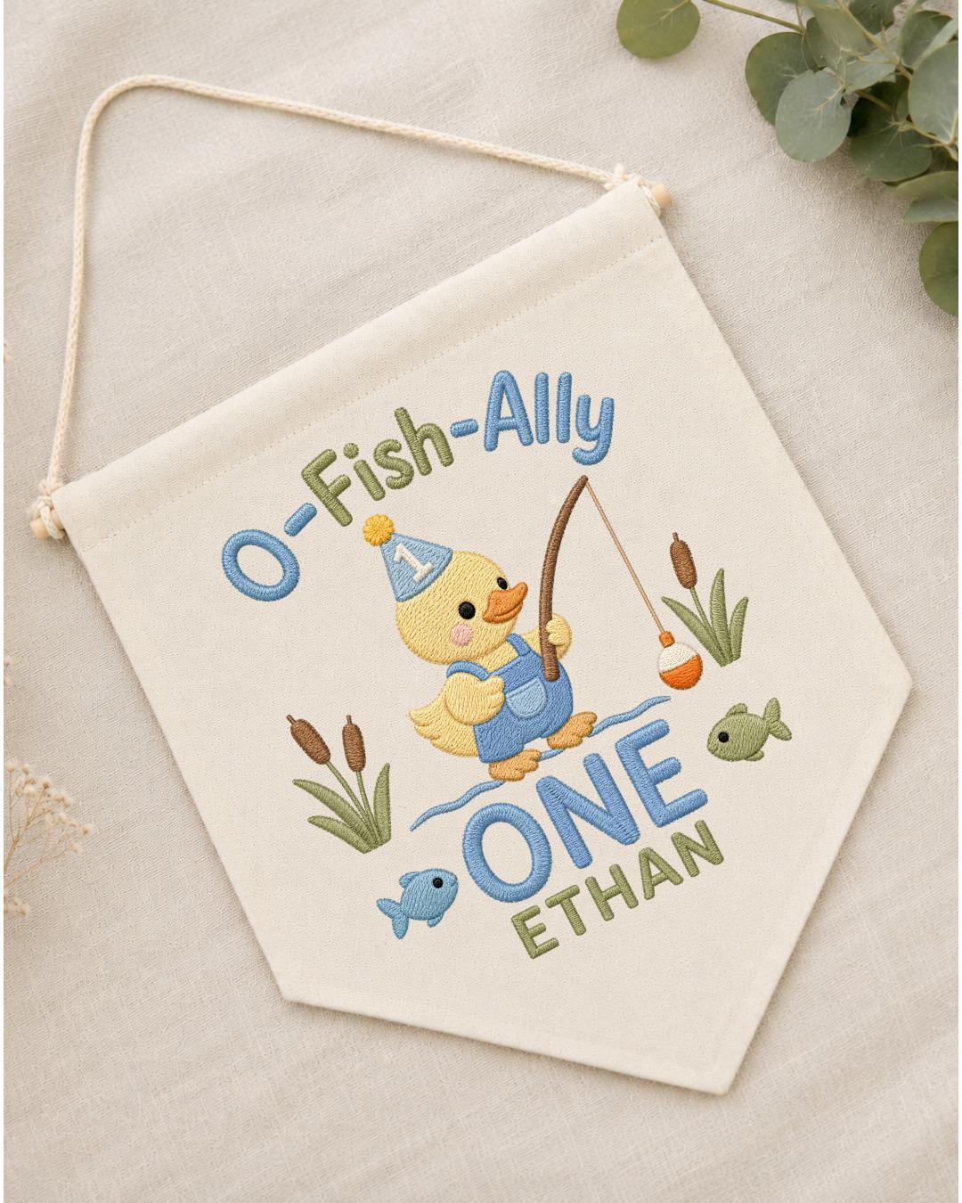 Personalized First Birthday Fishing Wall Hanging, Custom Name Embroidered Banner, O-Fish-Ally One Duck Birthday Decor, Baby Boy Birthday