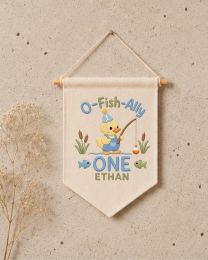 Personalized First Birthday Fishing Wall Hanging, Custom Name Embroidered Banner, O-Fish-Ally One Duck Birthday Decor, Baby Boy Birthday