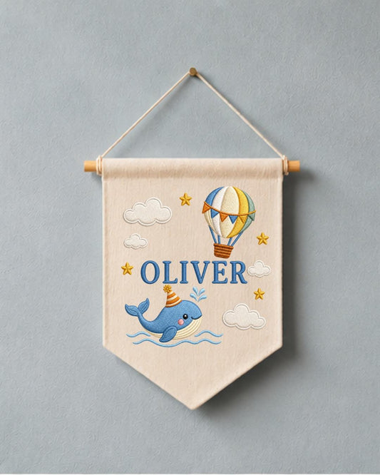 Personalized Whale Nursery Wall Hanging, Custom Name Embroidered Banner, Hot Air Balloon Baby Boy Room Decor, Ocean Nursery Baby Shower Gift