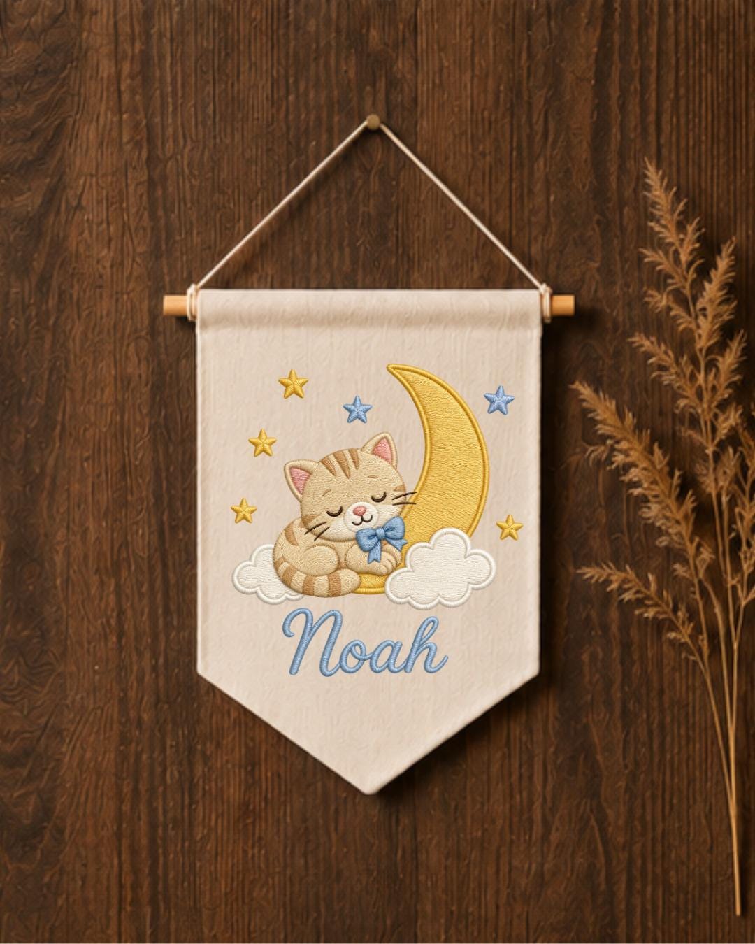 Personalized Cat Moon Nursery Wall Hanging, Custom Name Embroidered Banner, Sleeping Kitten Baby Boy Room Decor, Celestial Nursery Gift